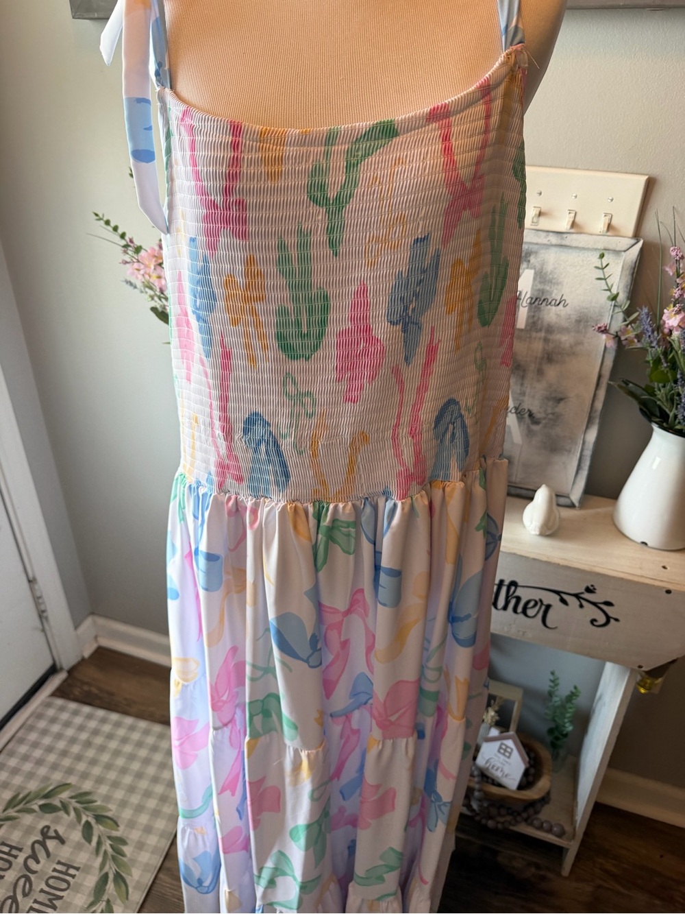 Smocked Bow  Print Maxi Dress in Pastel Multi